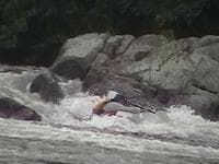 Mike D runs beside the large river left boulder at McCoy Falls, VA