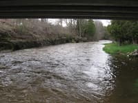 Wide-angle view looking downstream from under Nachtwey Road bridge