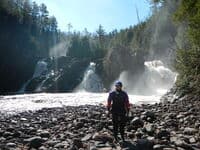 Karen Frank at put-in, three falls visible means a good level, level 720 cfs