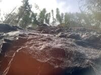 Looking up at the new landslide below Big Nasty