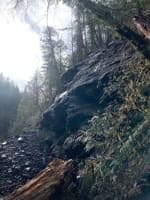 Looking up at the new landslide below Big Nasty